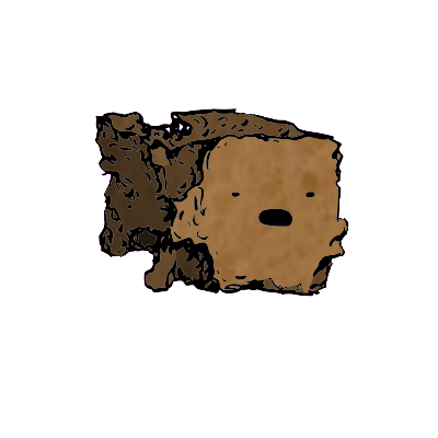 a crumbled square crouton with a wide-eyed face (blinking)