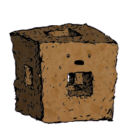 a menger sponge crouton with a wide-eyed face