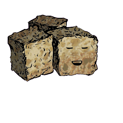 a cluster of three croutons with a relaxed face (blinking)