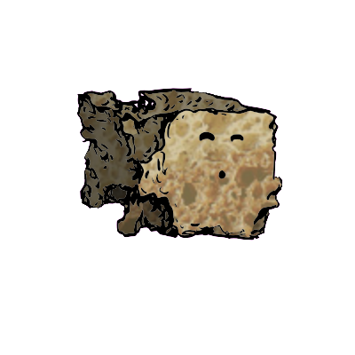 a crumbled square crouton with an excited face (content)