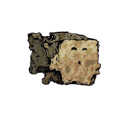 a crumbled square crouton with an excited face (content)