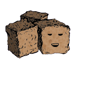 a cluster of three croutons with a relaxed face