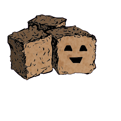 a cluster of three croutons with a blocky face (content)