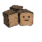 a cluster of three croutons with a blocky face
