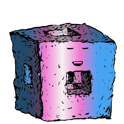 a menger sponge crouton with a relaxed face (blinking)