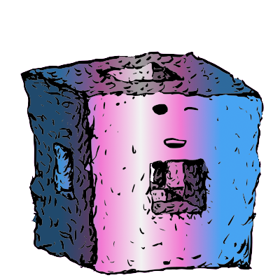 a menger sponge crouton with a relaxed face (content)