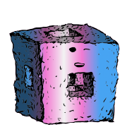a menger sponge crouton with a relaxed face (content)
