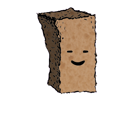 a tall rectangular crouton with a contented face (blinking)