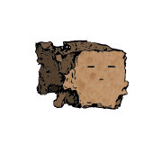 a crumbled square crouton with an expressive face (blinking)
