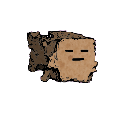 a crumbled square crouton with a blocky face (blinking)