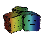 a cluster of three croutons with a blocky face