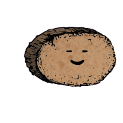 a large round crouton with a contented face (blinking)