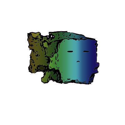 a crumbled square crouton with an expressive face (blinking)