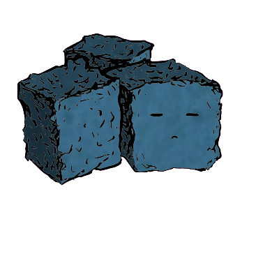 a cluster of three croutons with an expressive face (blinking)