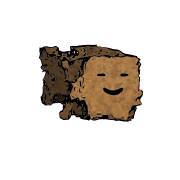a crumbled square crouton with a contented face (blinking)