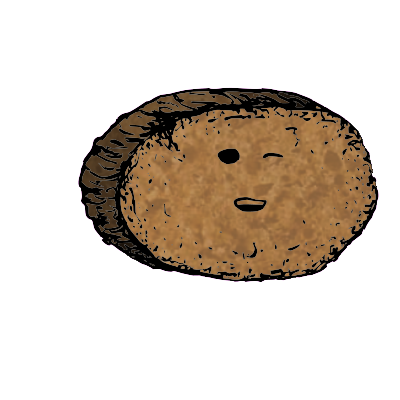 a large round crouton with a relaxed face (content)