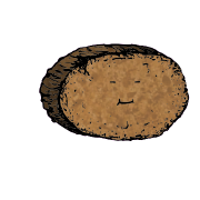 a large round crouton with a cheerful face (blinking)