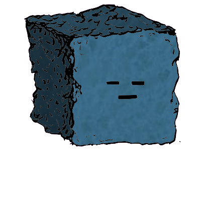 a large square crouton with a blocky face (blinking)