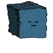 a large square crouton with a blocky face (blinking)