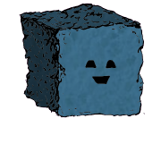 a large square crouton with a blocky face (content)