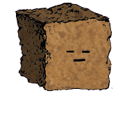 a large square crouton with a blocky face (blinking)