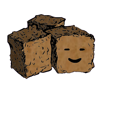 a cluster of three croutons with a contented face (blinking)