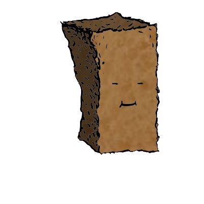 a tall rectangular crouton with a cheerful face (blinking)