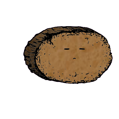 a large round crouton with an expressive face (blinking)