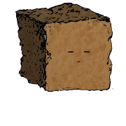 a large square crouton with an expressive face (blinking)