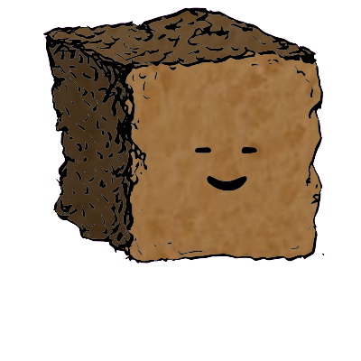 a large square crouton with a contented face (blinking)
