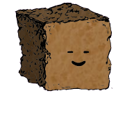 a large square crouton with a contented face (blinking)