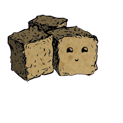 a cluster of three croutons with an expressive face (content)