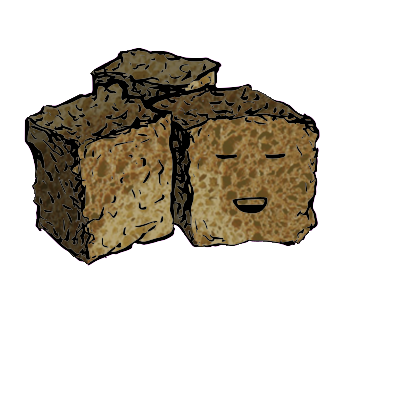 a cluster of three croutons with a relaxed face (blinking)