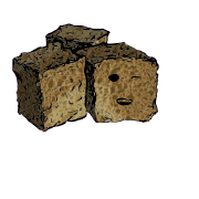 a cluster of three croutons with a relaxed face (content)