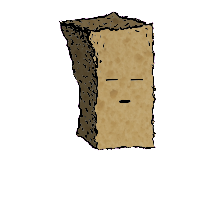 a tall rectangular crouton with a suspicious face (blinking)