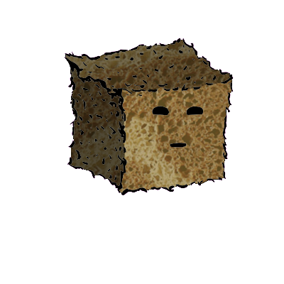 a small square crouton with a suspicious face