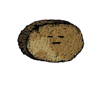 a large round crouton with a blocky face (blinking)