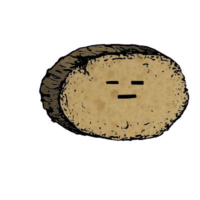 a large round crouton with a blocky face (blinking)