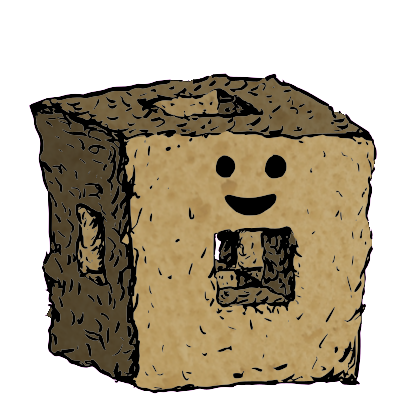 a menger sponge crouton with a contented face (content)