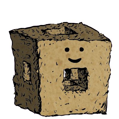 a menger sponge crouton with a contented face