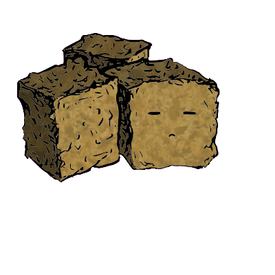 a cluster of three croutons with an expressive face (blinking)