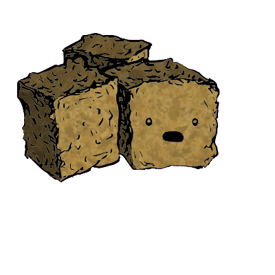 a cluster of three croutons with a wide-eyed face