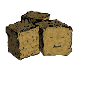 a cluster of three croutons with a cheerful face (blinking)