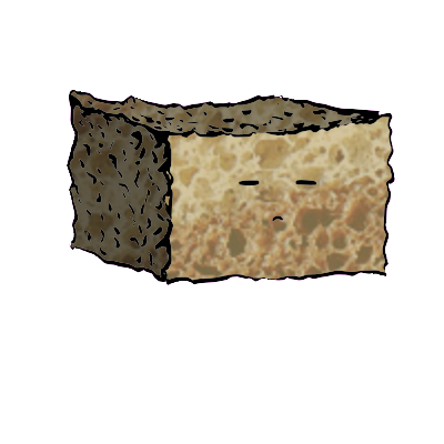 a rectangular crouton with an expressive face (blinking)