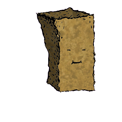a tall rectangular crouton with a cheerful face (blinking)