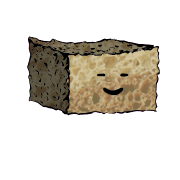 a rectangular crouton with a contented face (blinking)
