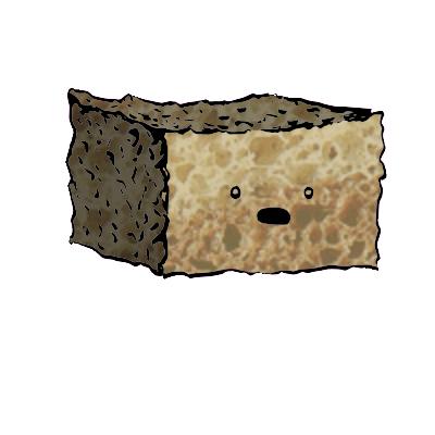 a rectangular crouton with a wide-eyed face