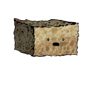 a rectangular crouton with a wide-eyed face