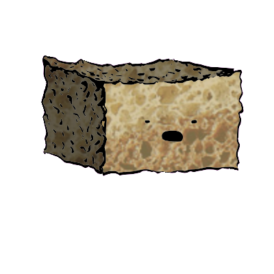 a rectangular crouton with a wide-eyed face (blinking)