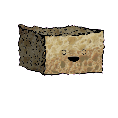 a rectangular crouton with a wide-eyed face (content)